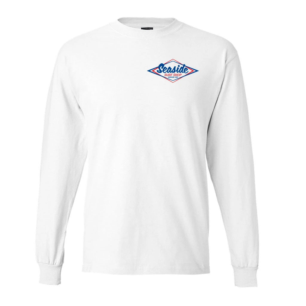 Seaside Surf Shop Mens Vintage Logo L/S Tee - White/Blue Red - Image 2